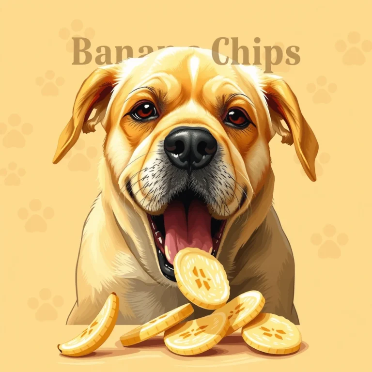 A happy dog with banana chips in front, illustrating the concept of "Can Dogs Eat Banana Chips?"