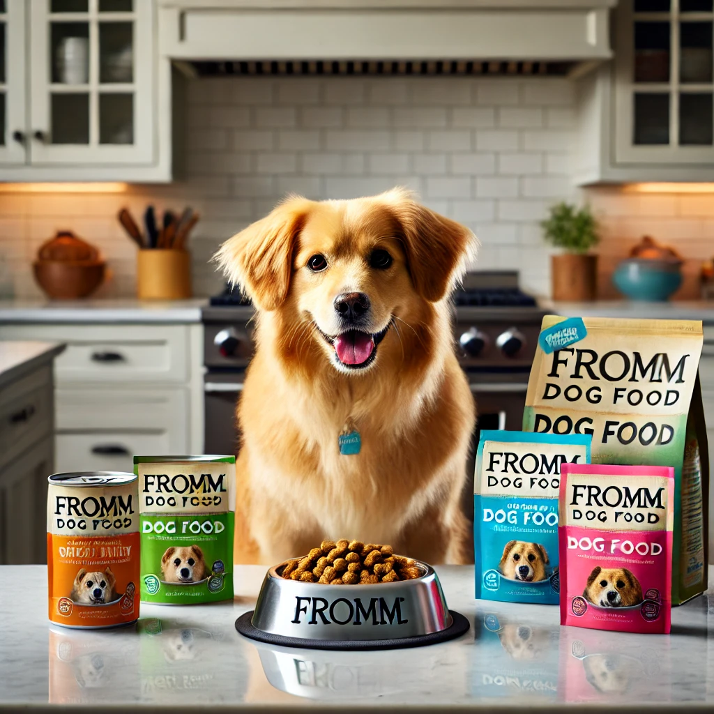 Healthy dog enjoying a meal with Fromm dog food products displayed in a kitchen, perfect for detailed Fromm dog food reviews