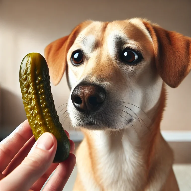 A dog sniffing a pickle, with a puzzled expression, wondering: Can Dogs Have Pickles?"