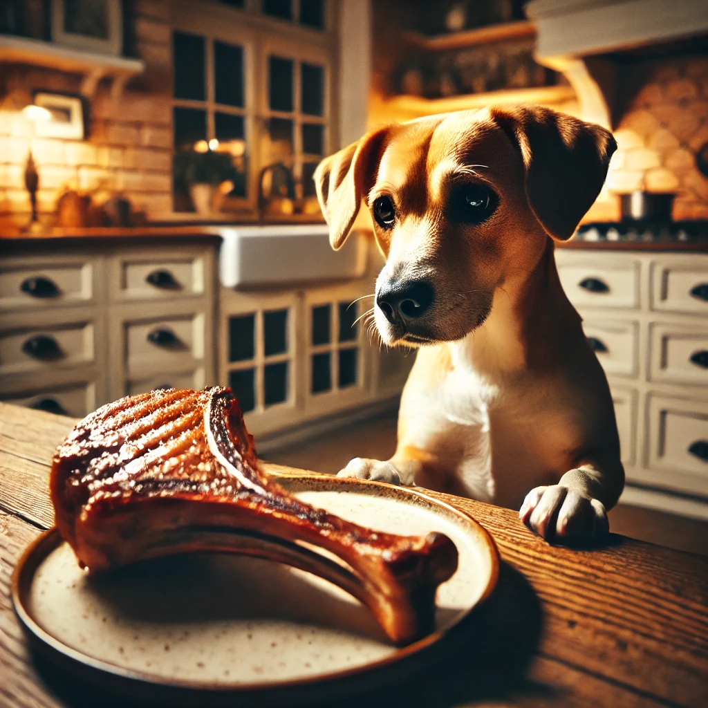 "Curious dog staring at a pork chop bone on a plate in a kitchen, illustrating the question: Can Dogs Have Pork Chop Bones?