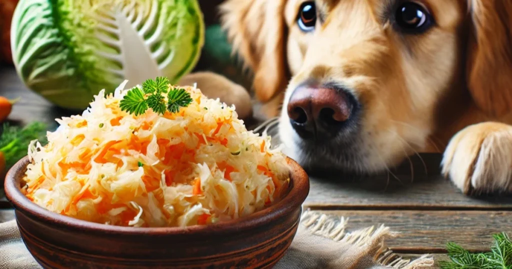 Can dogs eat sauerkraut? A curious golden retriever sniffing a bowl of fresh sauerkraut in a rustic kitchen setting.