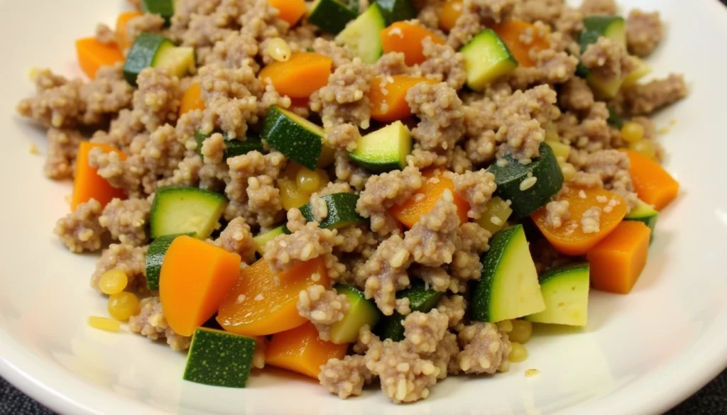 Homemade venison dog food with ground venison, diced zucchini, canned pumpkin, and olive oil on a white plate.