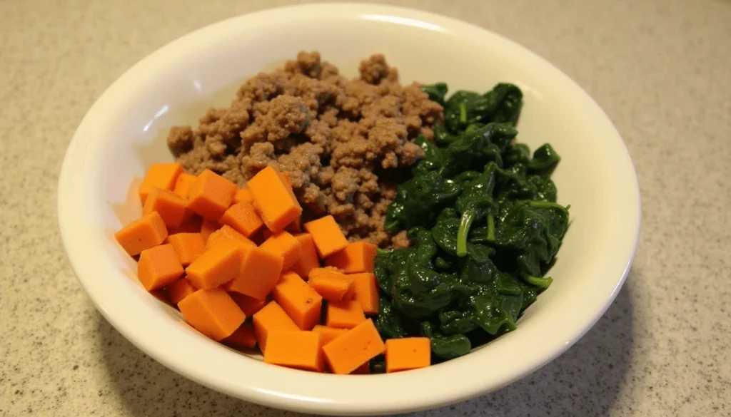 Homemade venison dog food with ground venison, diced sweet potatoes, and cooked spinach in a white bowl.